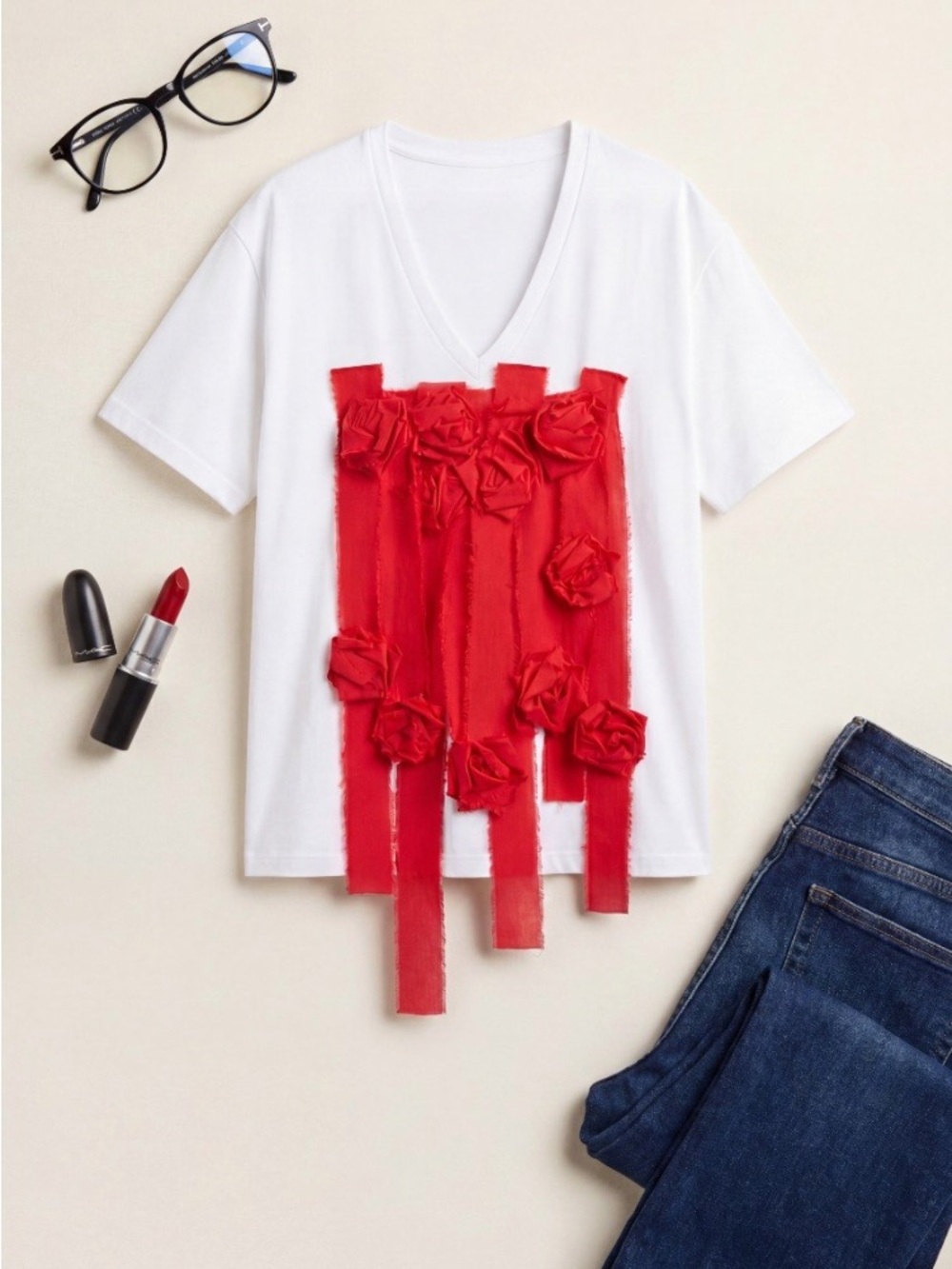 Hand Crafted White V-Neck Top with Red Fabric Rosettes